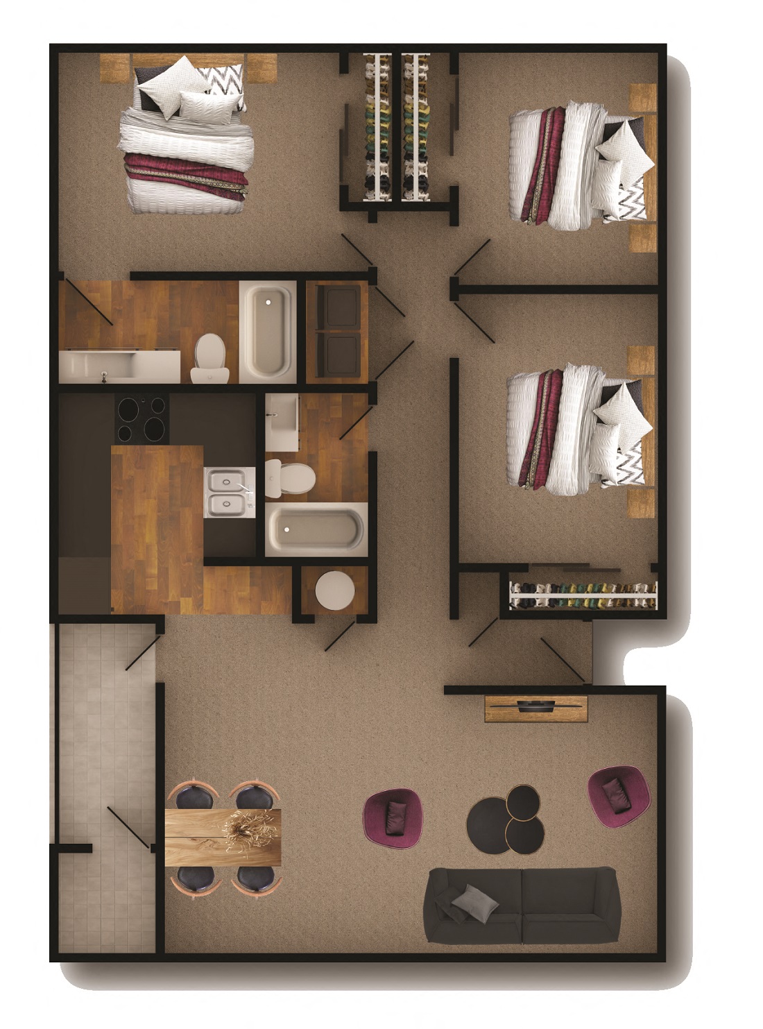 Floor plan for 3 beds, 2 baths, 1248 sqft
